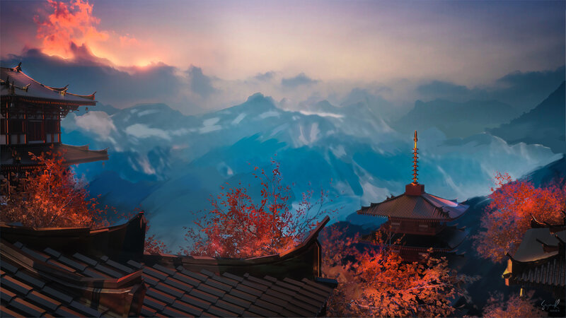 Temple on Mountain Peak — Blue, Serene