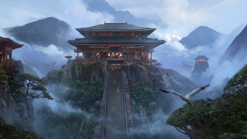 Temple on Mountain Peak — Gray, Serene