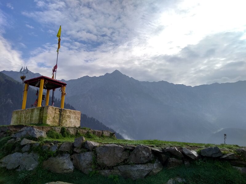 Temple on Mountain Peak — Green, Serene, Morning, Photograph, Mountains