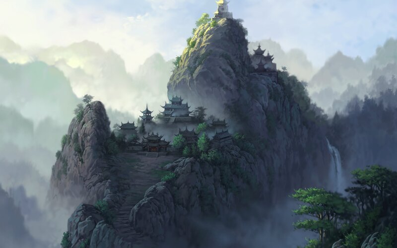 Temple on Mountain Peak — Green, Serene