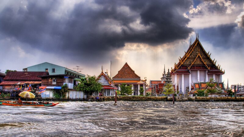 Temple on Riverbank — Gray, Dramatic