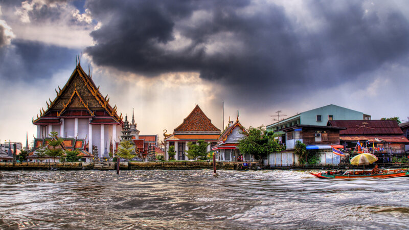 Temple on Riverbank — Gray