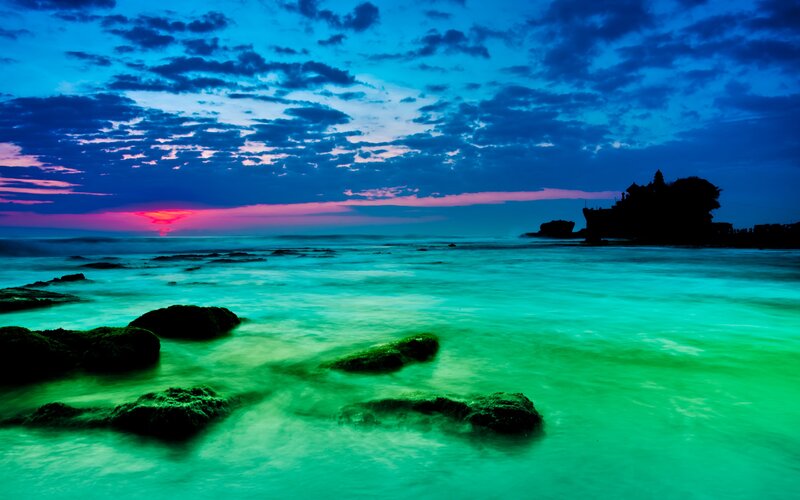 Temple on Rocky Island — Blue, Dramatic, Sunset
