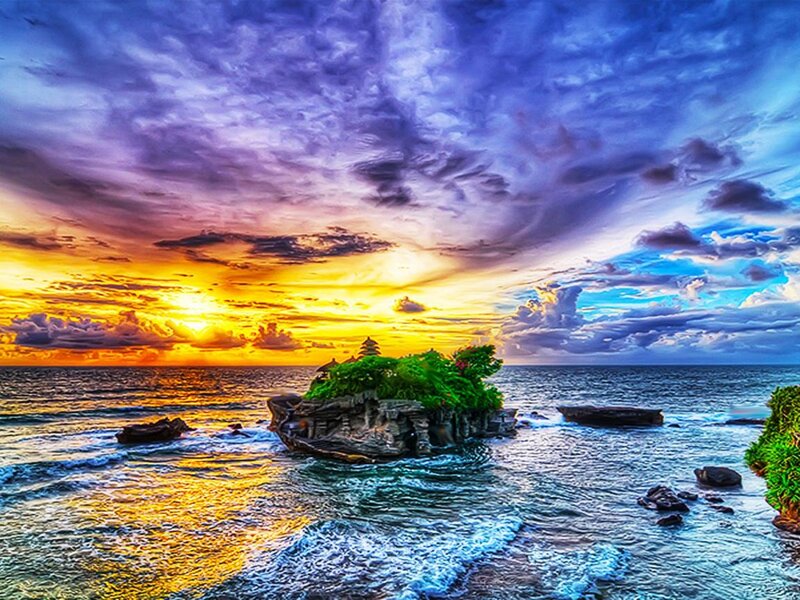 Temple on Rocky Island — Blue, Dramatic