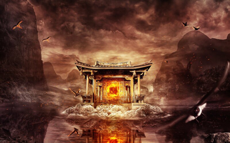 Temple on Rocky Island — Brown, Dramatic
