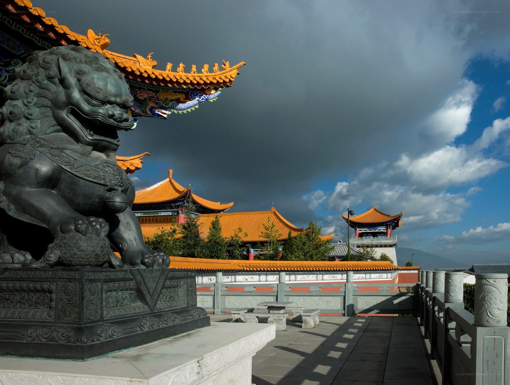 Temple with guardian lion statue