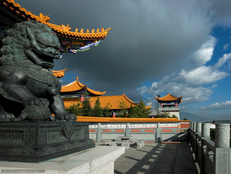 Temple with guardian lion statue