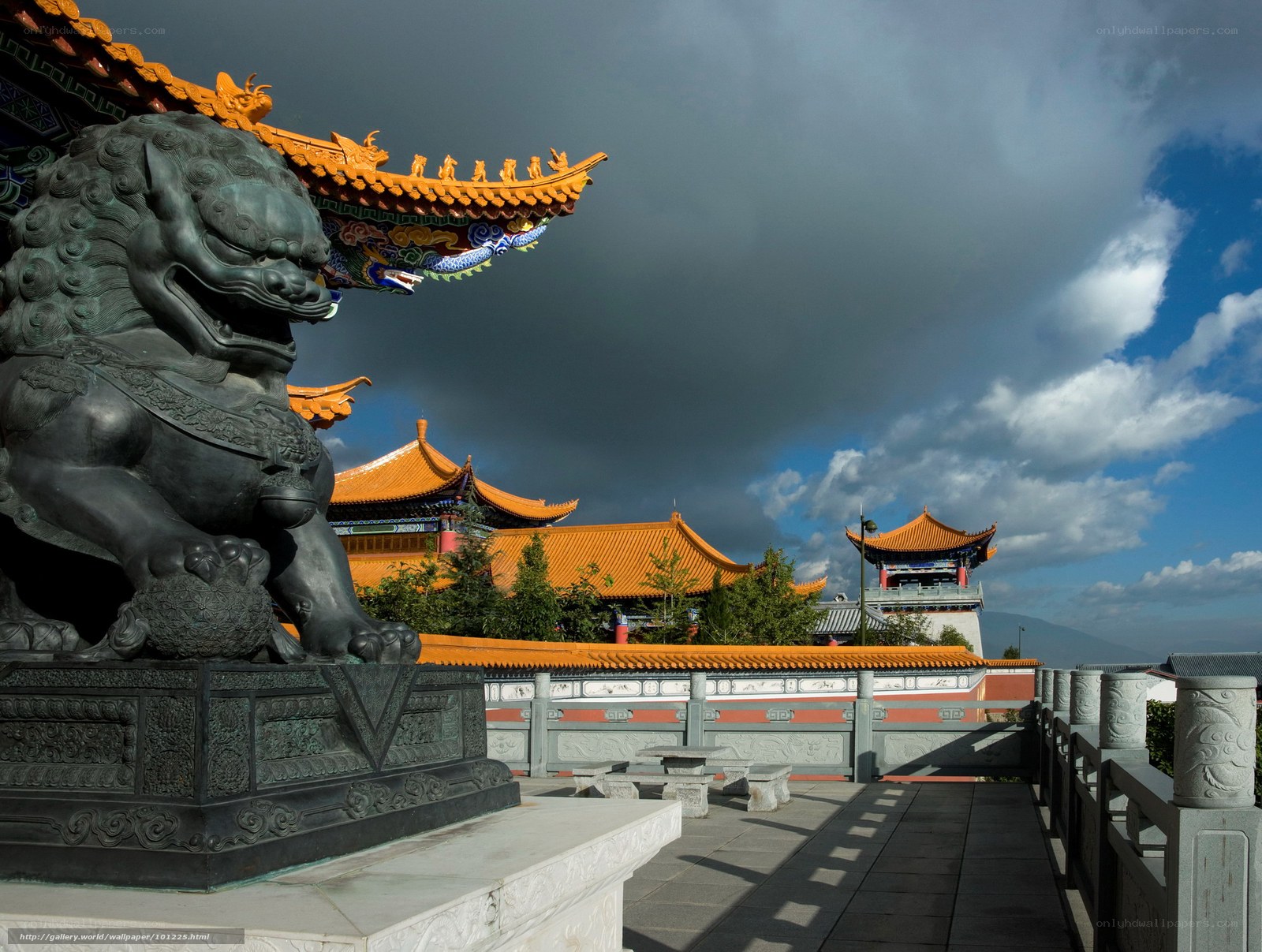 Temple with guardian lion statue