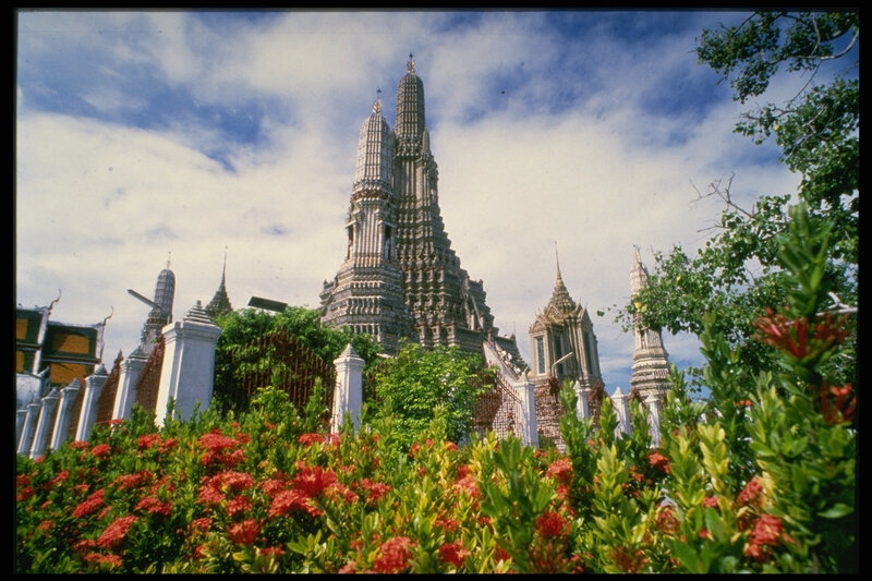 Temple with red flowers