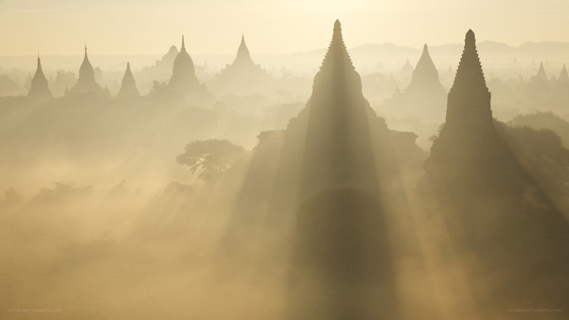 Temples at sunrise in Bagan
