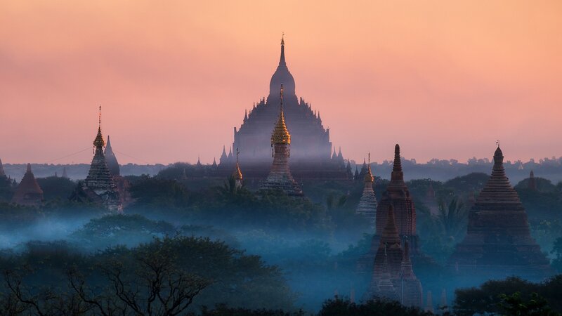 Temples in Misty Landscape — Pink