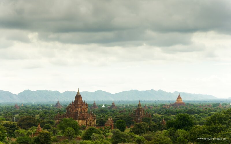 Temples of Bagan under cloudy sky
