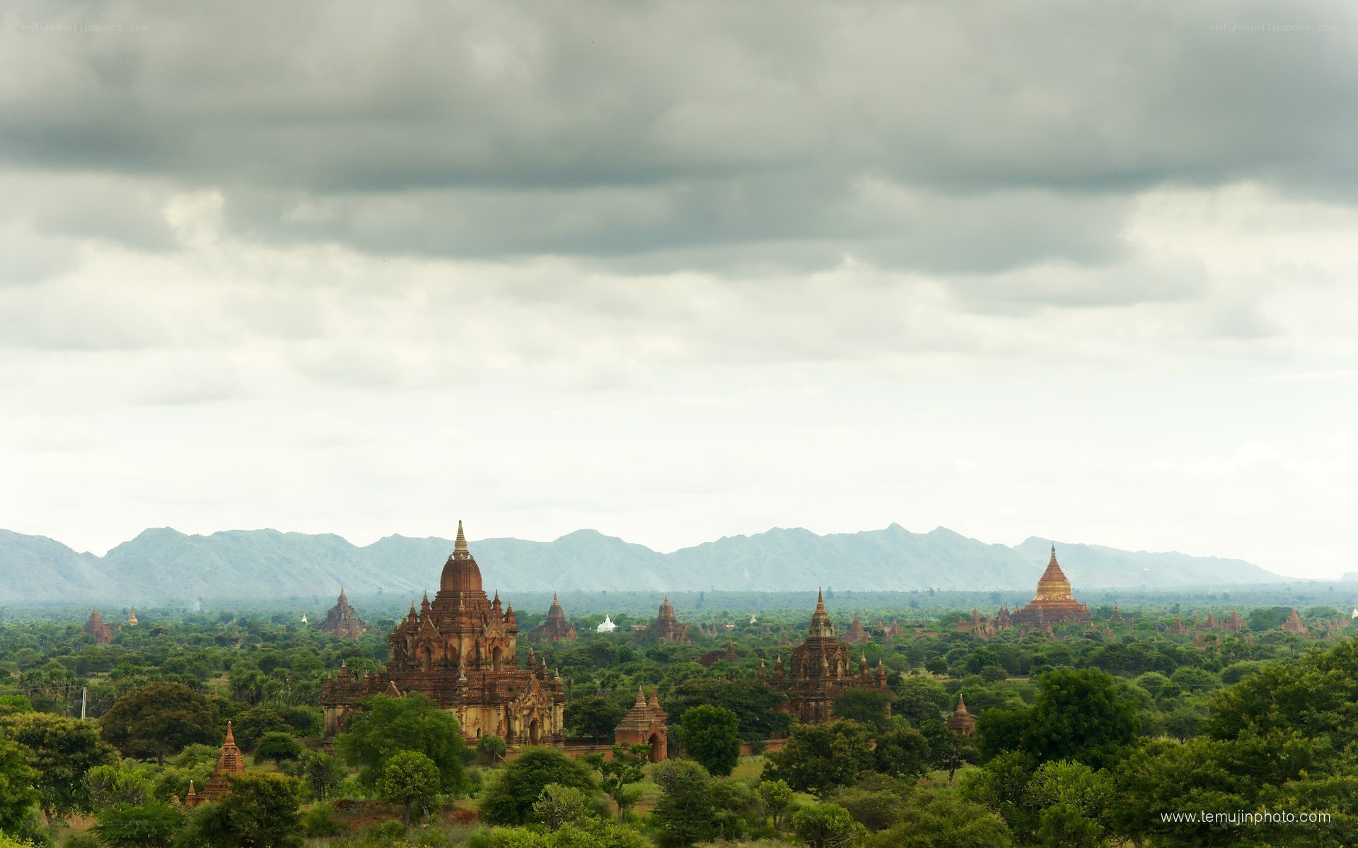 Temples of Bagan under cloudy sky