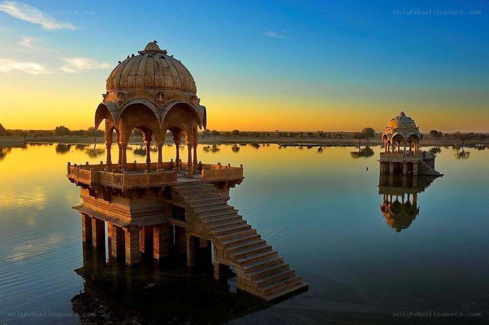 Temples on a lake at sunset