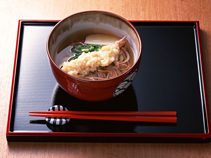 Tempura noodle soup on tray