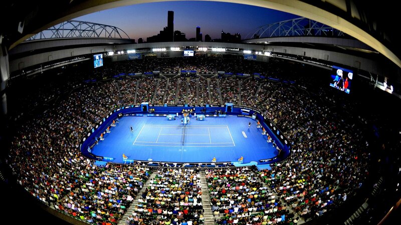 tennis match at night stadium