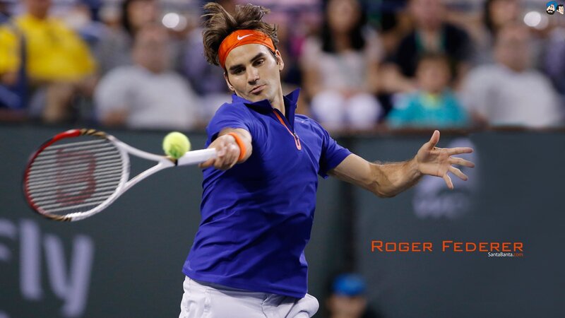 Tennis Player Hitting Ball — Blue, Intense, Photograph, Tennis Racket, Tennis Ball, Crowd