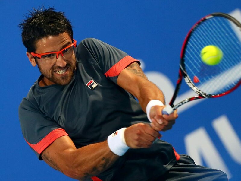 Tennis Player Hitting Ball — Blue, Intense, Photograph, Tennis Racket