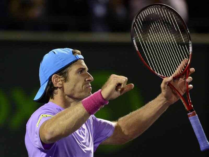 Tennis Player Holding Racket — Purple, Intense