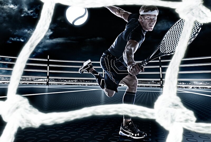 Tennis Player in Action — Black, Dramatic, Night, Photograph