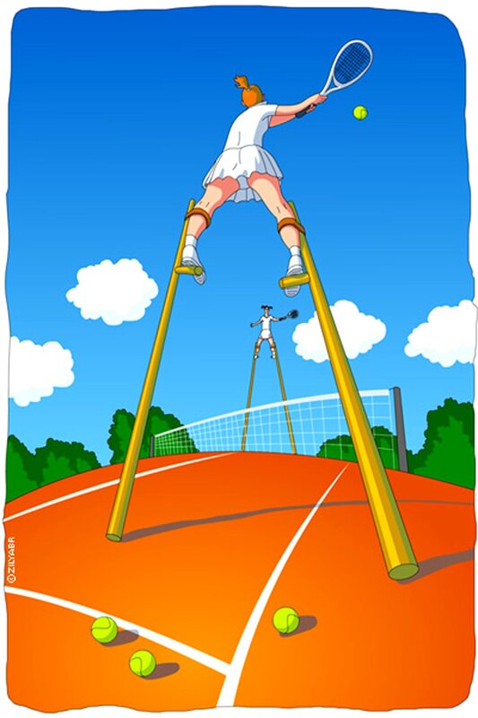 Tennis player on stilts