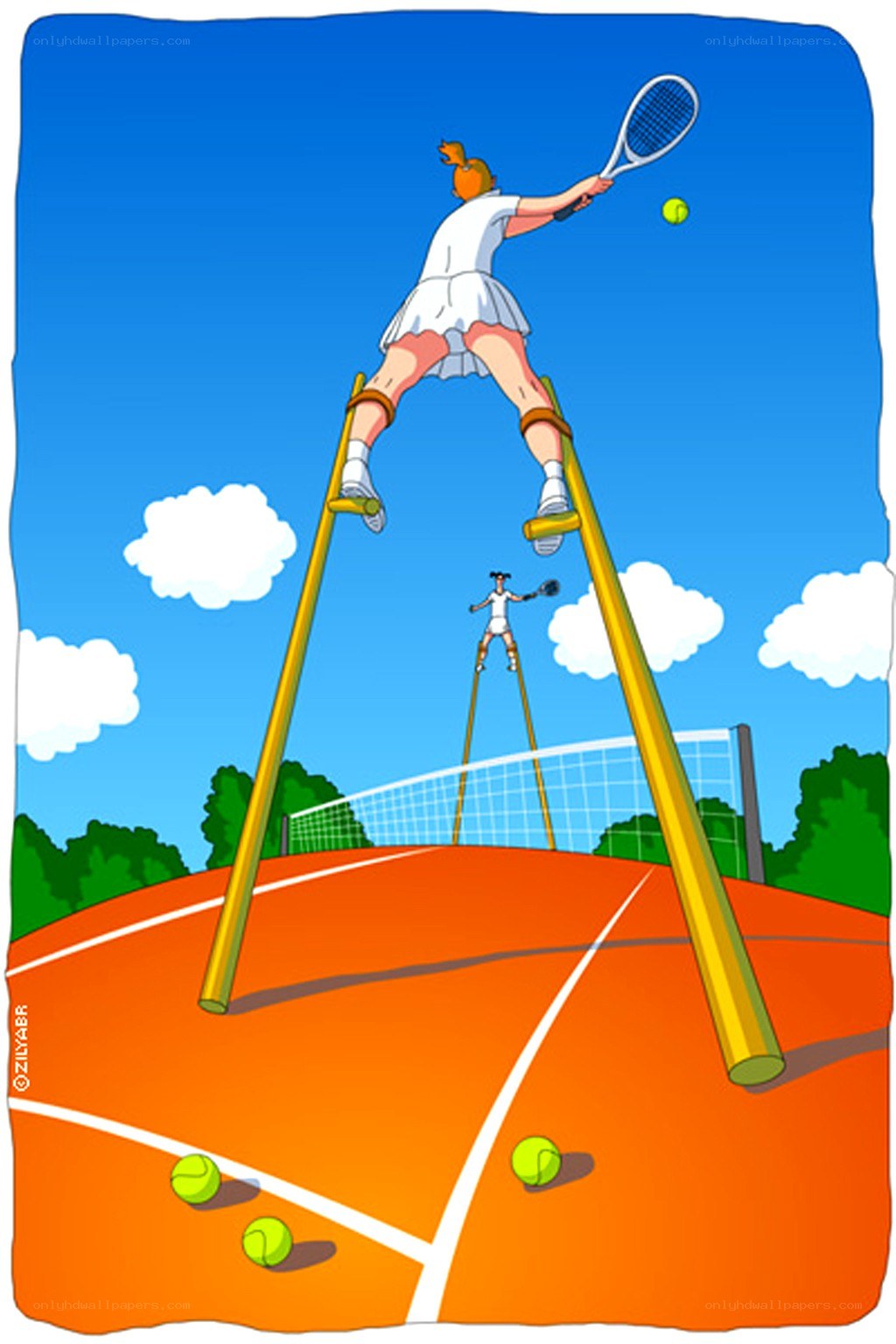 Tennis player on stilts