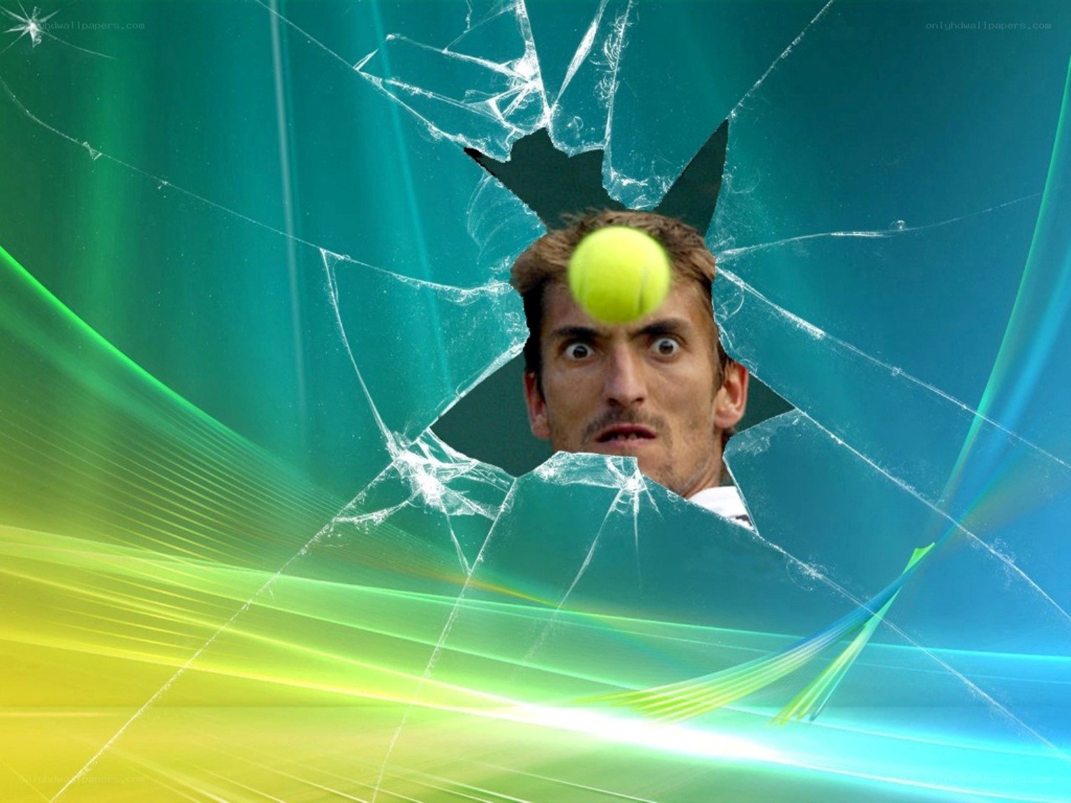 Tennis player through shattered glass