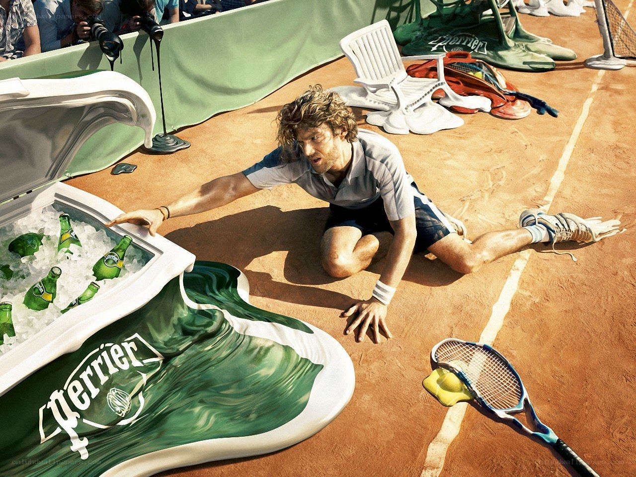 Tennis player with Perrier cooler