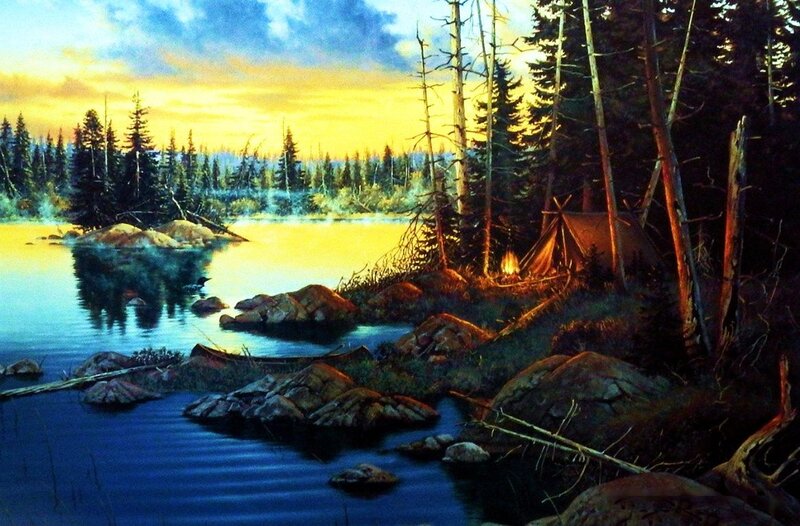 Tent by Lake at Dusk — Blue