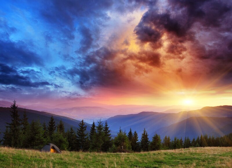 Tent in Mountain Valley — Blue, Dramatic