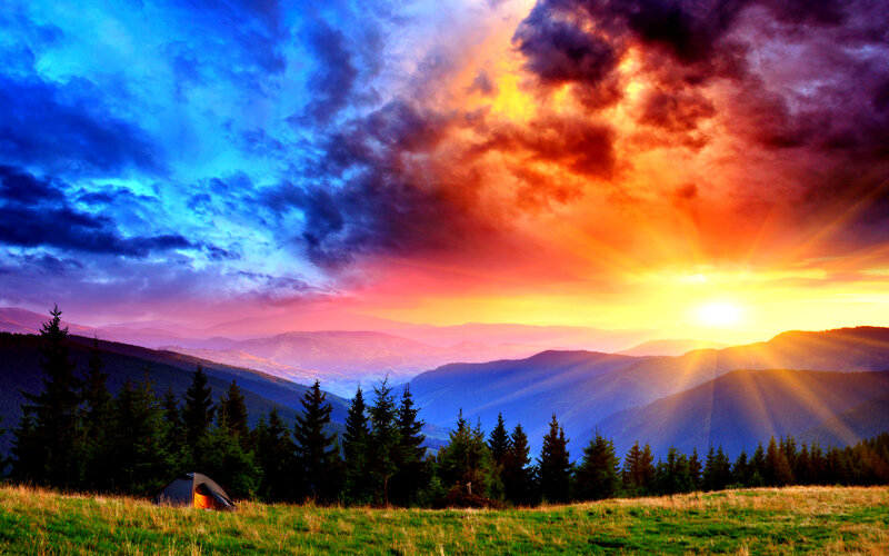 Tent in Mountain Valley — Blue