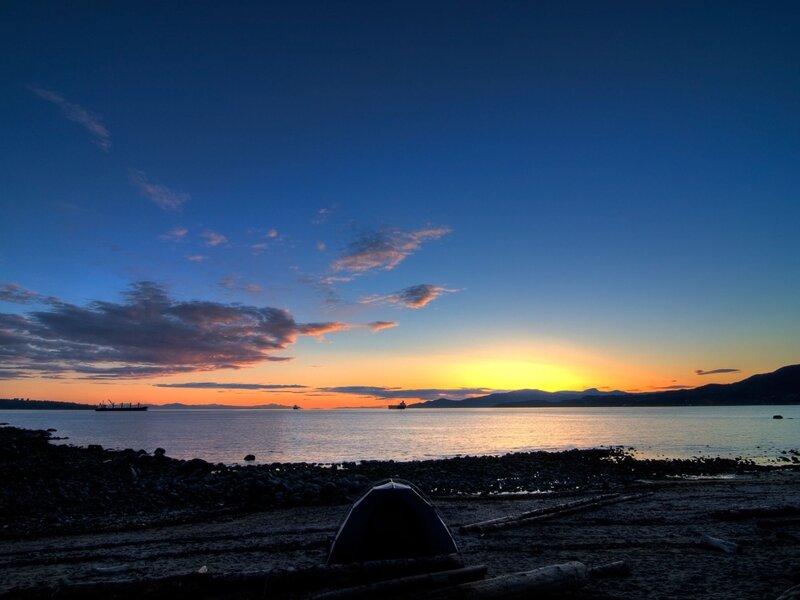 Tent on Rocky Beach — Blue, Serene, Sunset, Photograph, Sea