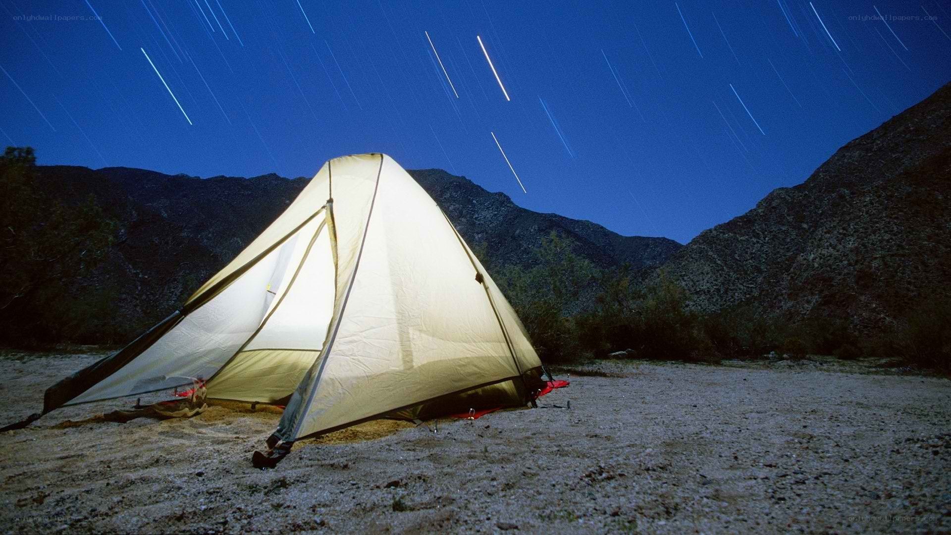 Tent under star trails