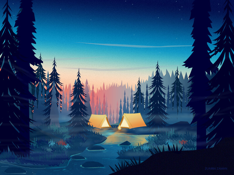 Tents in Forest at Night