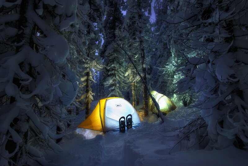 Tents in Snowy Forest — White