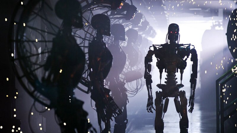 Terminator Robots in Factory — Black, Dramatic, Night