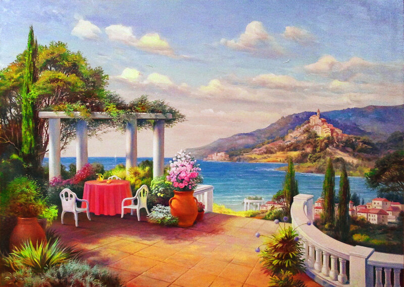 Terrace Overlooking Coastal Town — Blue, Serene, Afternoon, Painting, Table and Chairs