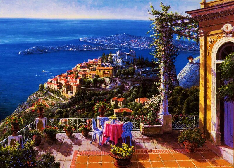 Terrace Overlooking Coastal Town — Blue, Serene, Afternoon, Painting