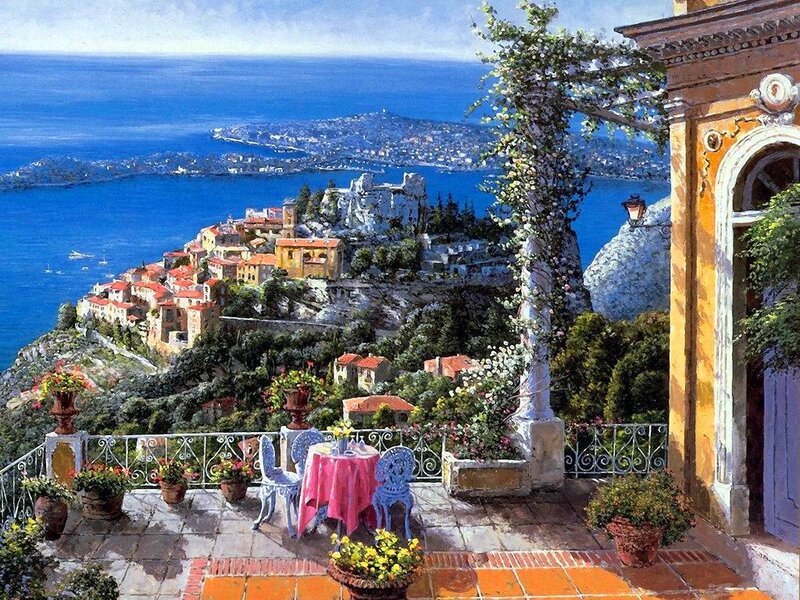 Terrace Overlooking Coastal Town — Blue, Serene, Afternoon