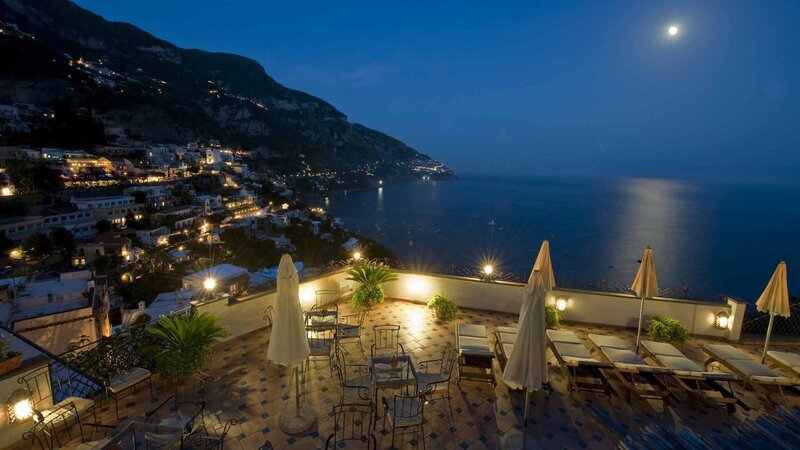 Terrace Overlooking Coastal Town — Blue, Serene, Night