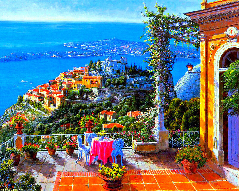 Terrace Overlooking Coastal Town — Blue, Serene