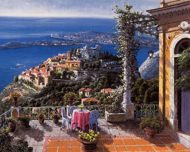 Terrace Overlooking Coastal Town — Blue