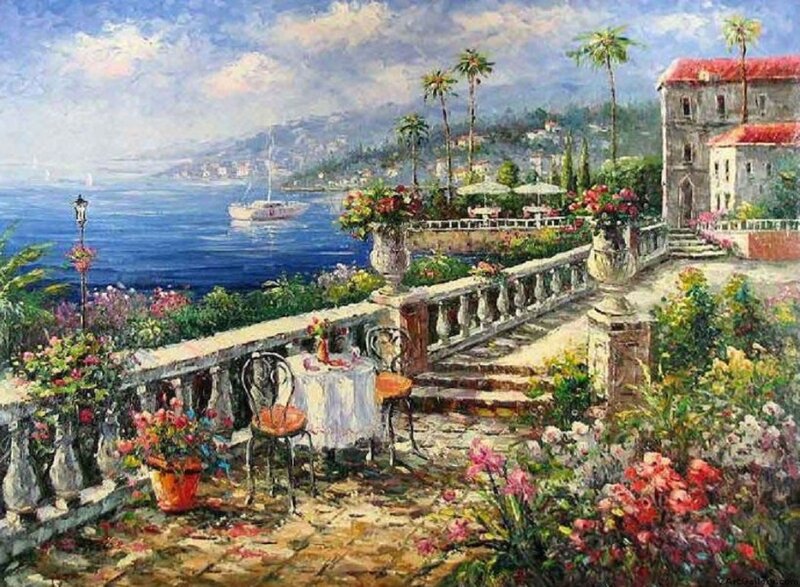 Terrace Overlooking Sea — Blue
