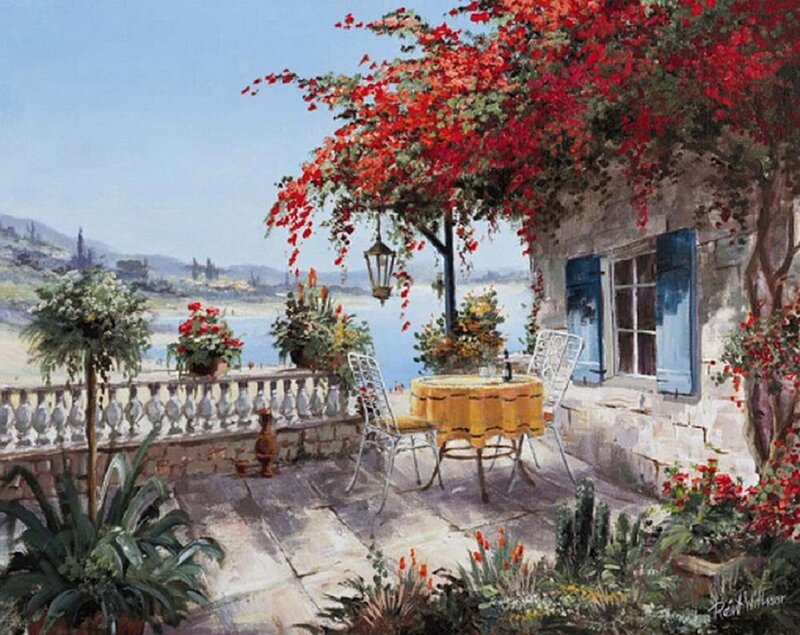 Terrace with Table and Flowers — Red, Serene