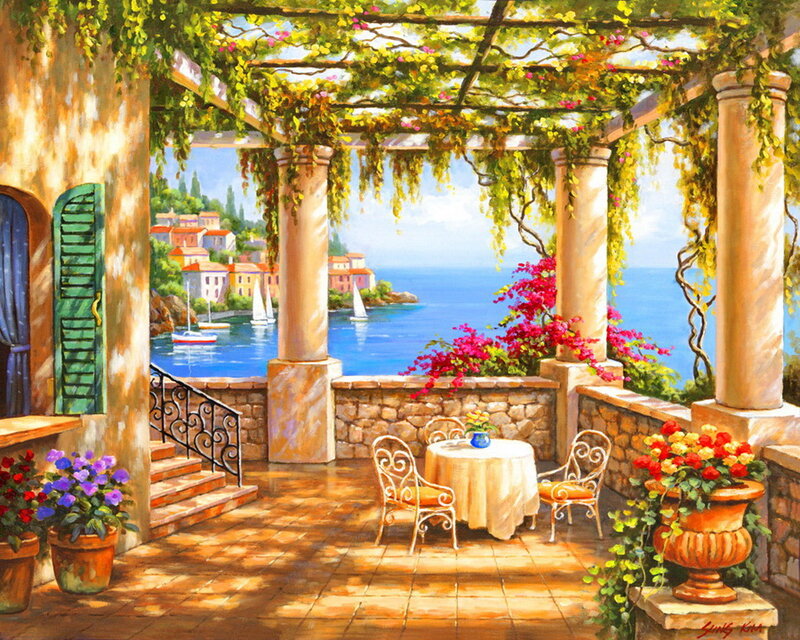 Terrace with Table and Sea View — Blue