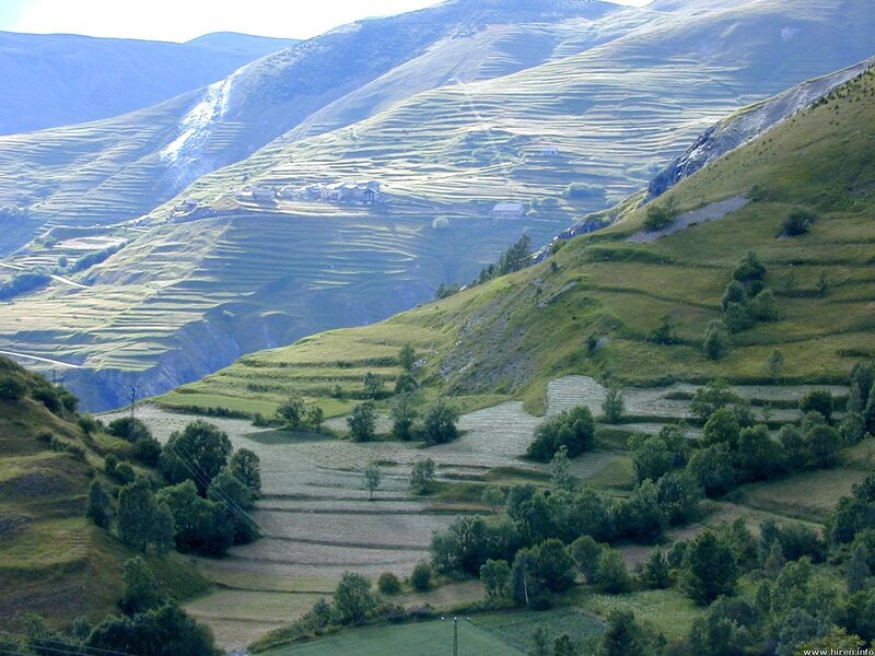 Terraced hillsides in a mountain valley