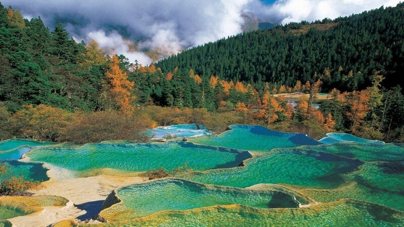 Terraced Pools in Forest — Green, Serene, Autumn