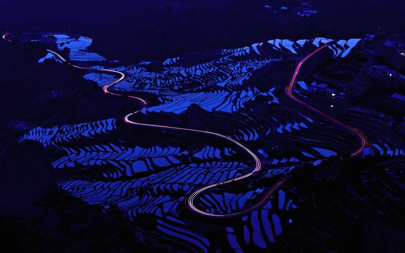 Terraced Rice Fields — Blue, Dramatic, Night
