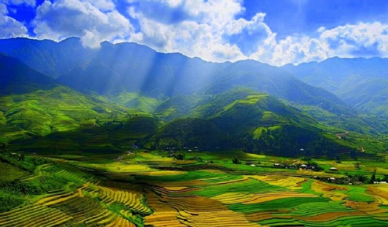 Terraced Rice Fields — Green, Serene, Afternoon, Photograph, Mountains, Clouds