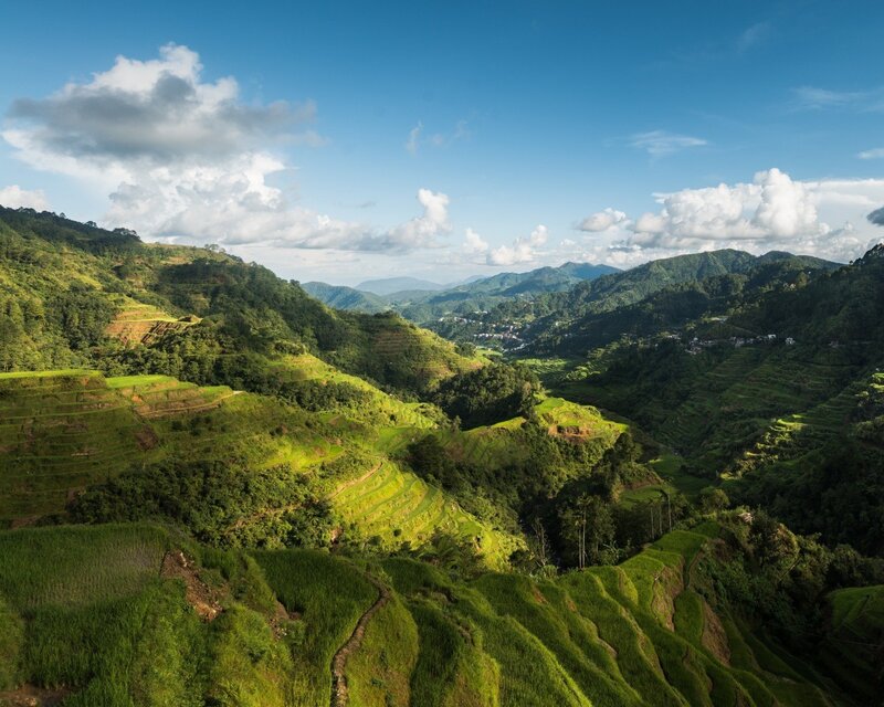 Terraced Rice Fields — Green, Serene, Afternoon, Photograph, Mountains, Valley, Clouds, Blue, Brown